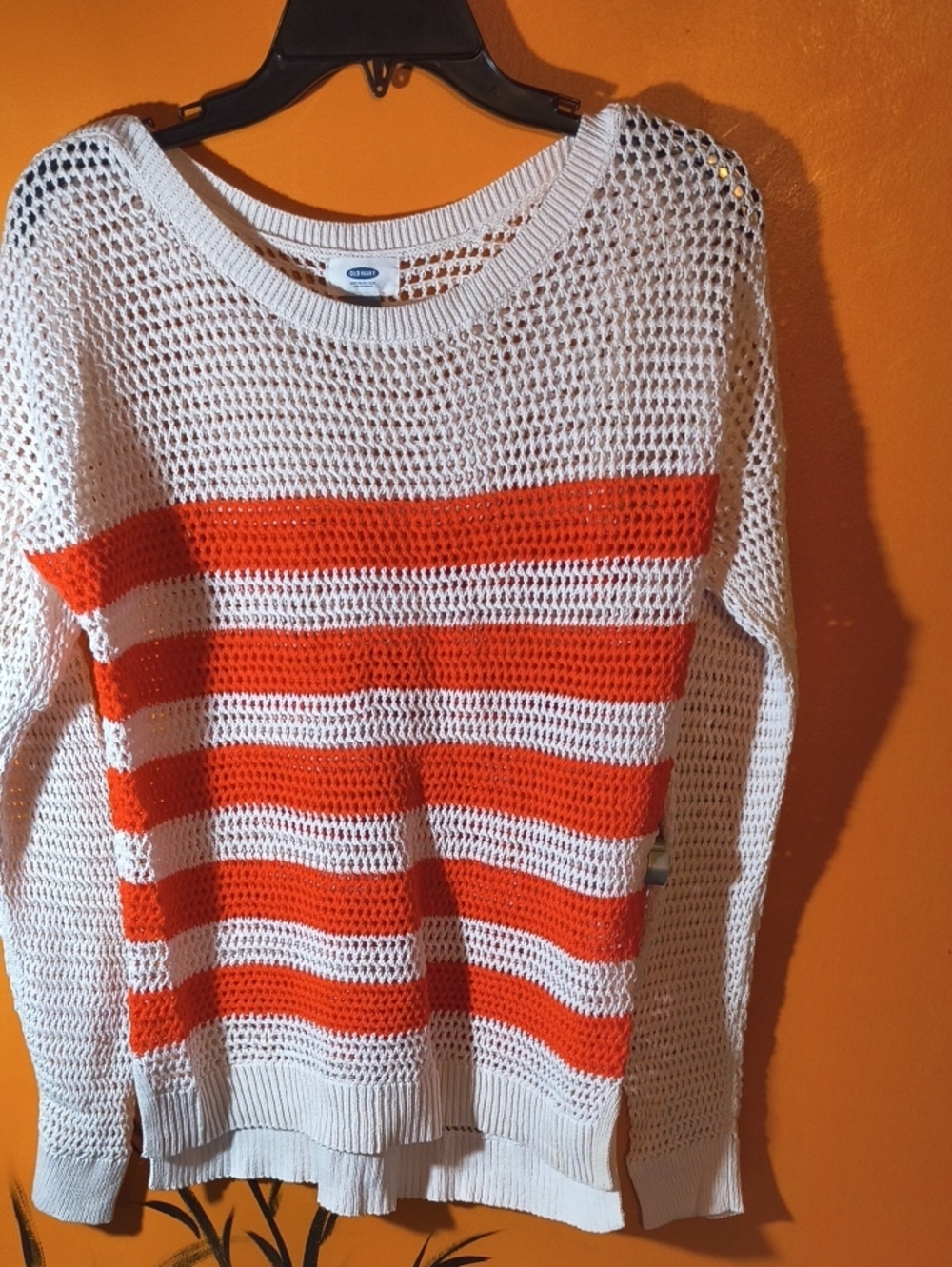 Old Navy Open-Knit Crewneck Sweater in White and Orange Stripe
